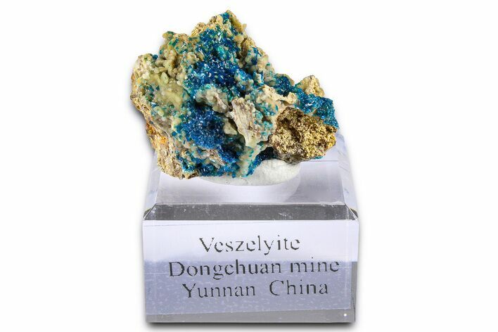 Vibrant Blue Veszelyite Crystals on Hemimorphite - China #380507